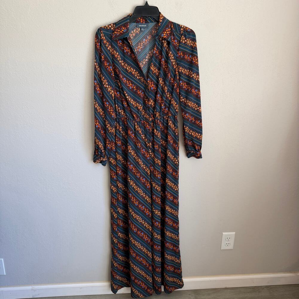 ModCloth Mix & Matchmaker Jumpsuit Teal Blue Orange Floral Striped VNeck Women S